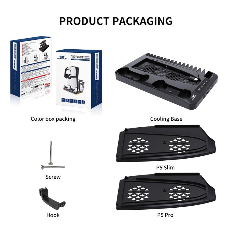 GAMINJA P58 Charging Base Cooling Bracket Compatible With PS5 Console, Vertical Stand Cooling Fan, Multi-functional Cooling & Charging Station for PS5 Slim Pro All Model Universal