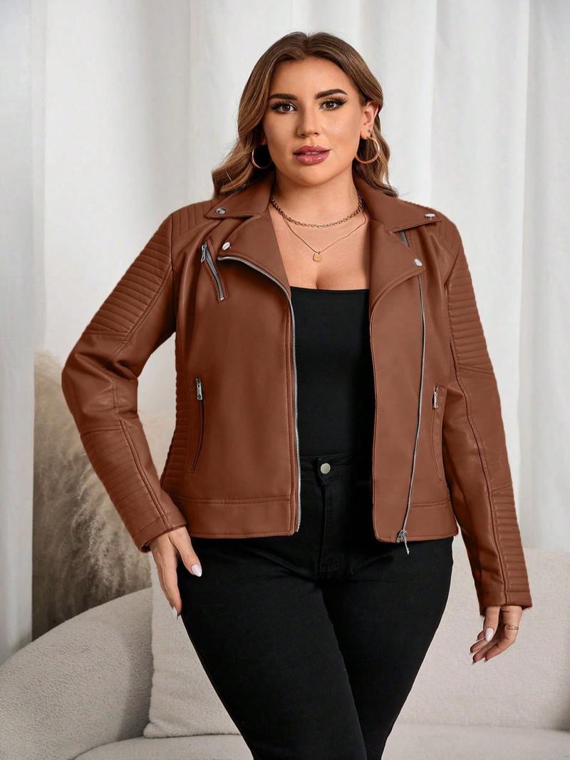 Women's Plus Size Plain PU Jacket with Zipper, Casual Fitted Outerwear for Spring & Fall