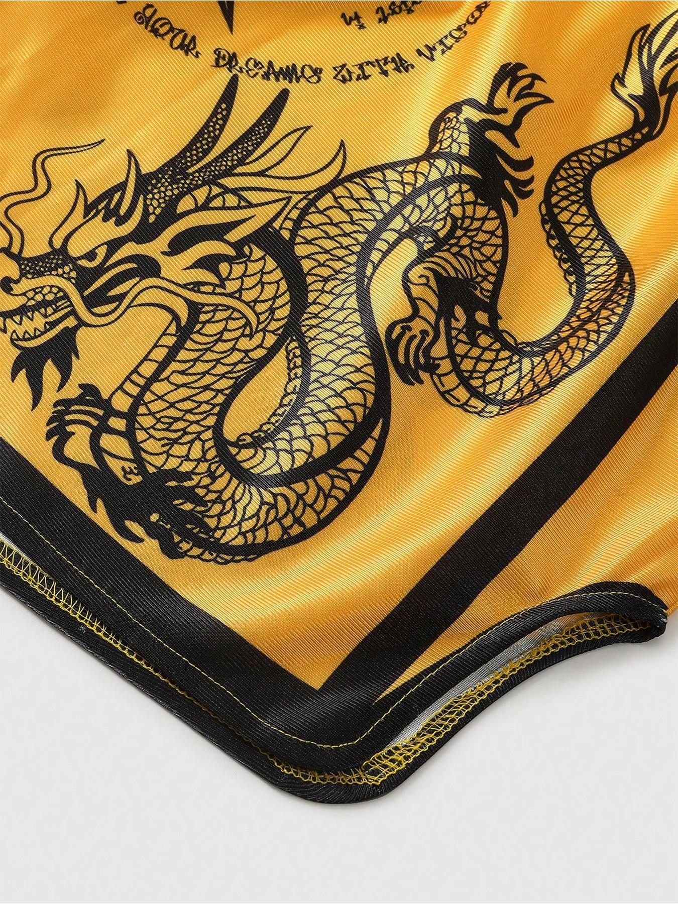 Men's Short Pants Set, Elastic Waist, High Stretch, High-Waisted, Super Short, Glossy Fabric, Dragon Tiger Print, Muay Thai Shorts