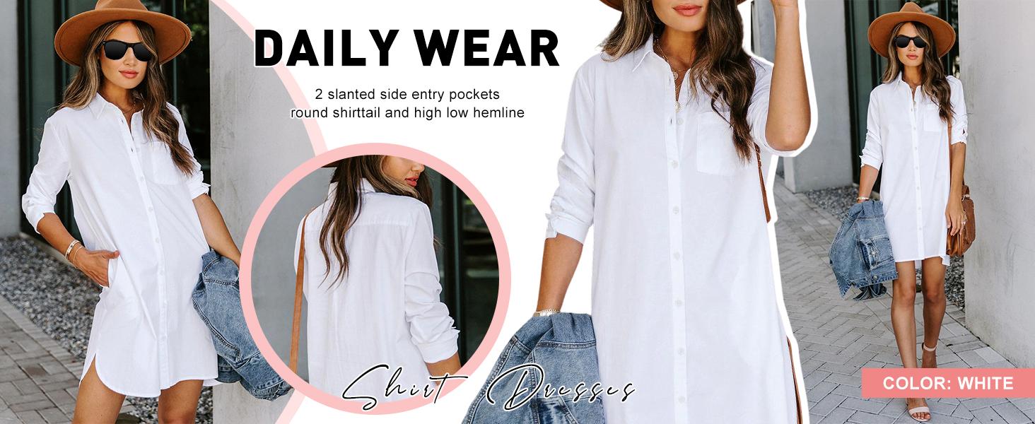 Chouyatou Women's Casual Loose Fit Long sleeve Solid Striped Button Down Shirts Dresses SpringStatements