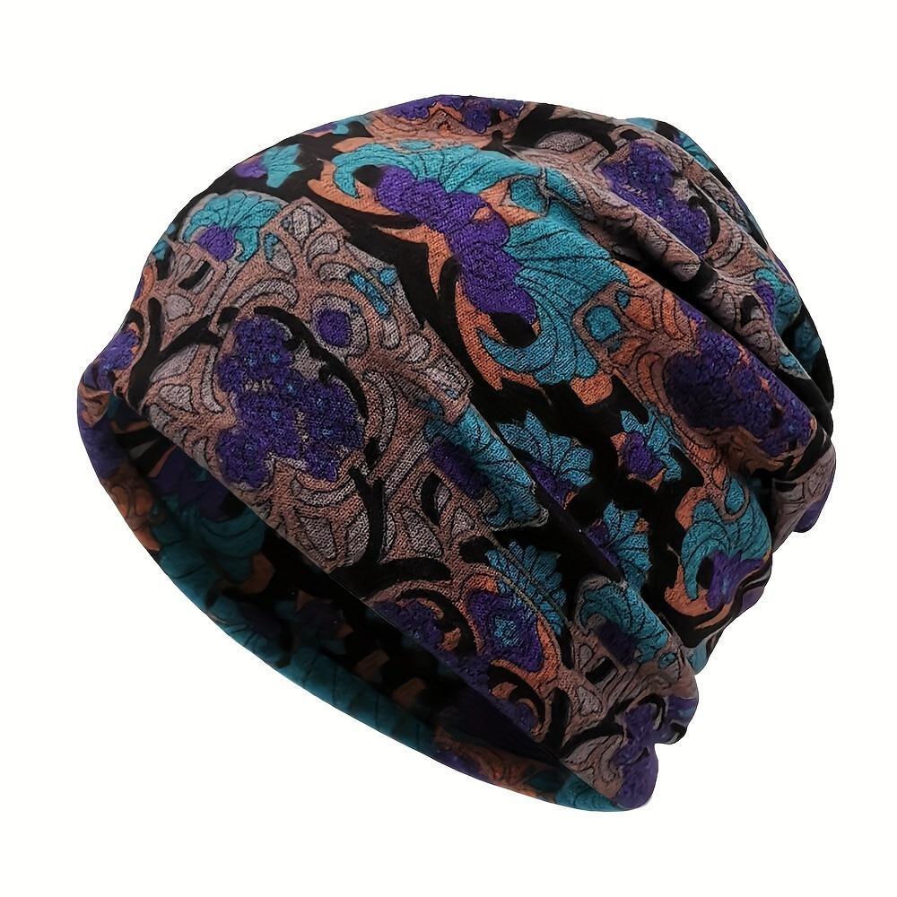 Women's 4-Piece Decorative Knit Fabric Head Covering Hats Set - Bohemian Floral Printed, Brimless, Elastic, Lightweight Multifunctional Fall Winter Warm Headscarf Neck Cover for Chemotherapy Patients