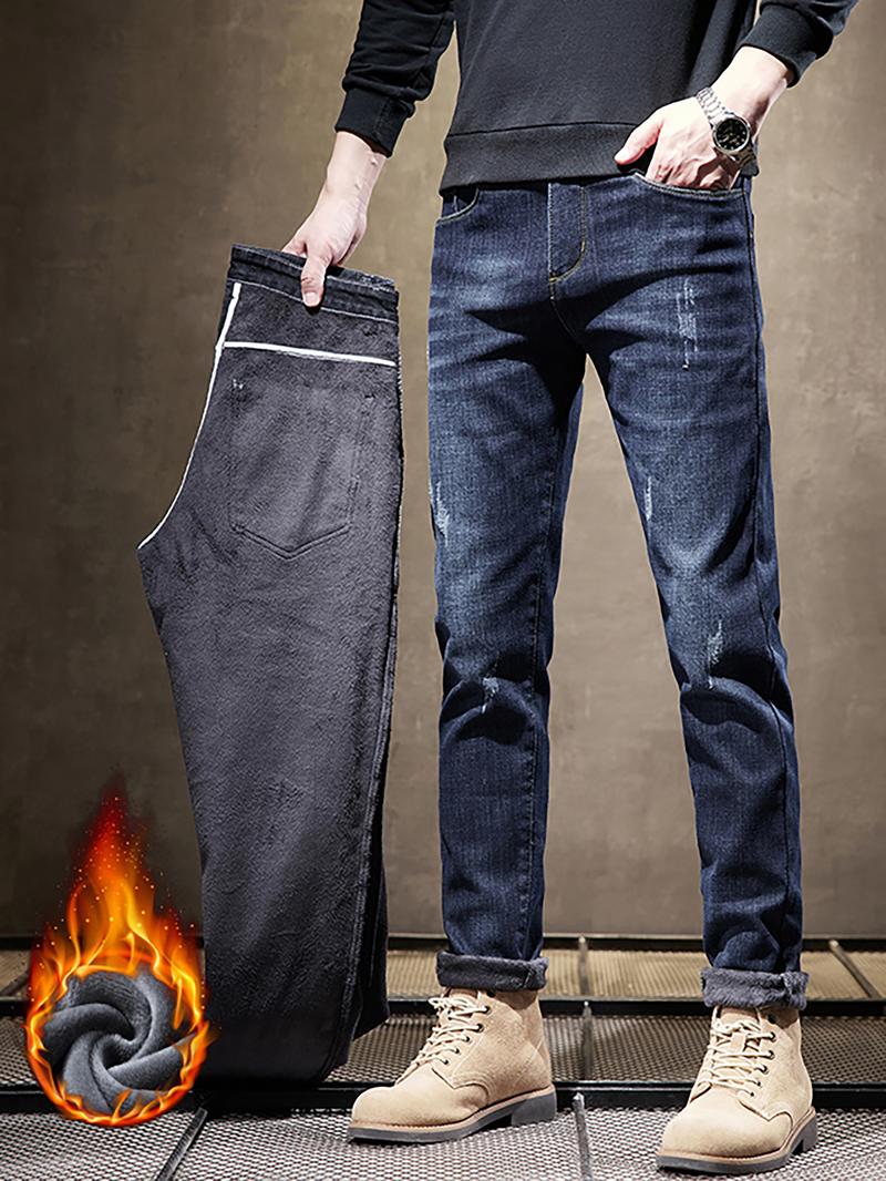 Men's Washed Denim Jeans, Thickened Fleece Lined Straight Leg Casual Pants, Fall Winter Fashion, Slimming & Height-Enhancing Design