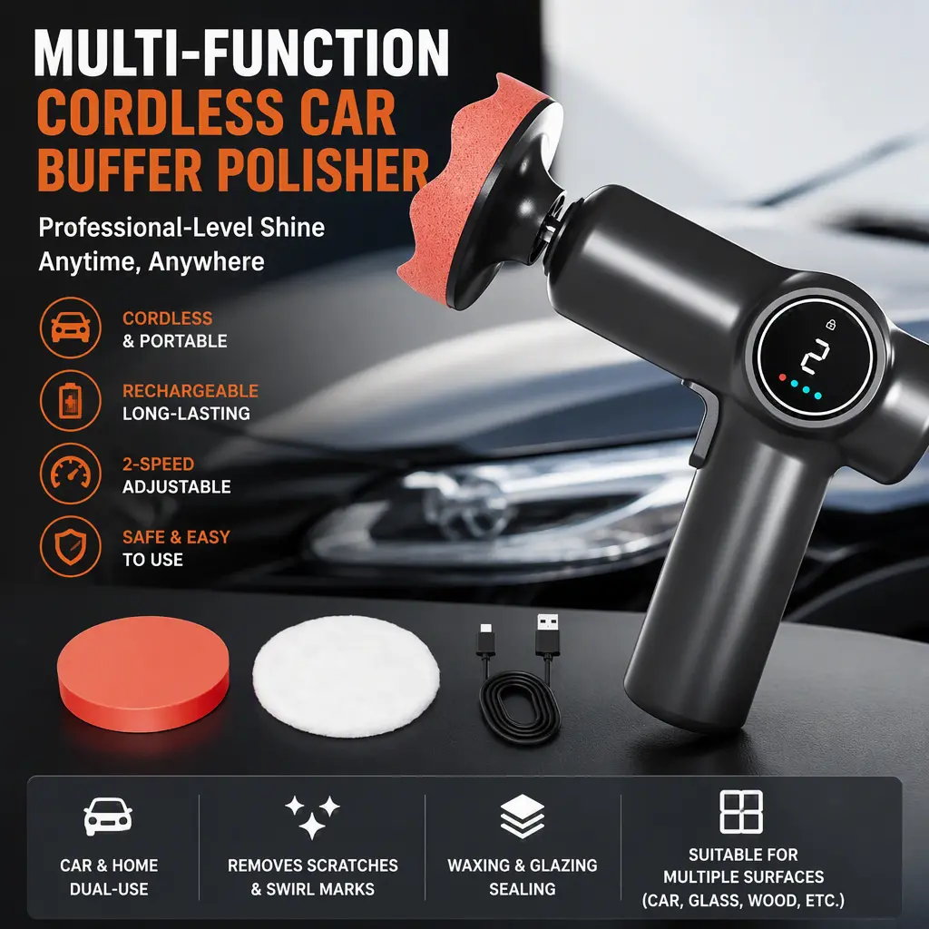 Multi‑Function Cordless Car Buffer Polisher, Rechargeable Hand‑Held Wax & Glaze Sealing Tool, Home‑Car Dual‑Use Polishing Machine for Scratch Removing, Glass and Wood Surface Care
