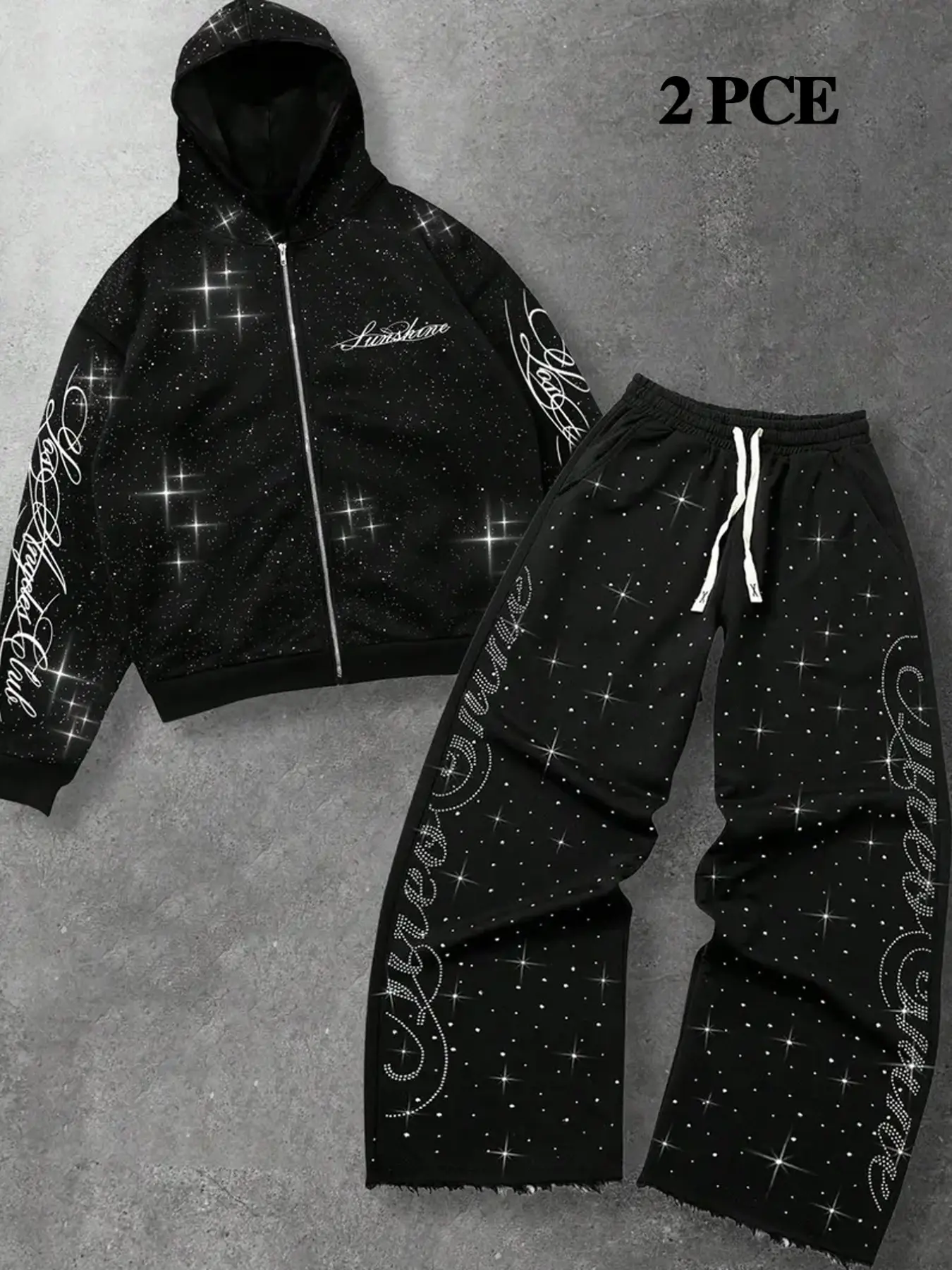 Men's Gothic Starburst Rhinestone Print Two-Piece Set, Warm Zipper Hoodie & Diamond Pattern Wide Leg Pants, Y2K Street Style for Fall Winter