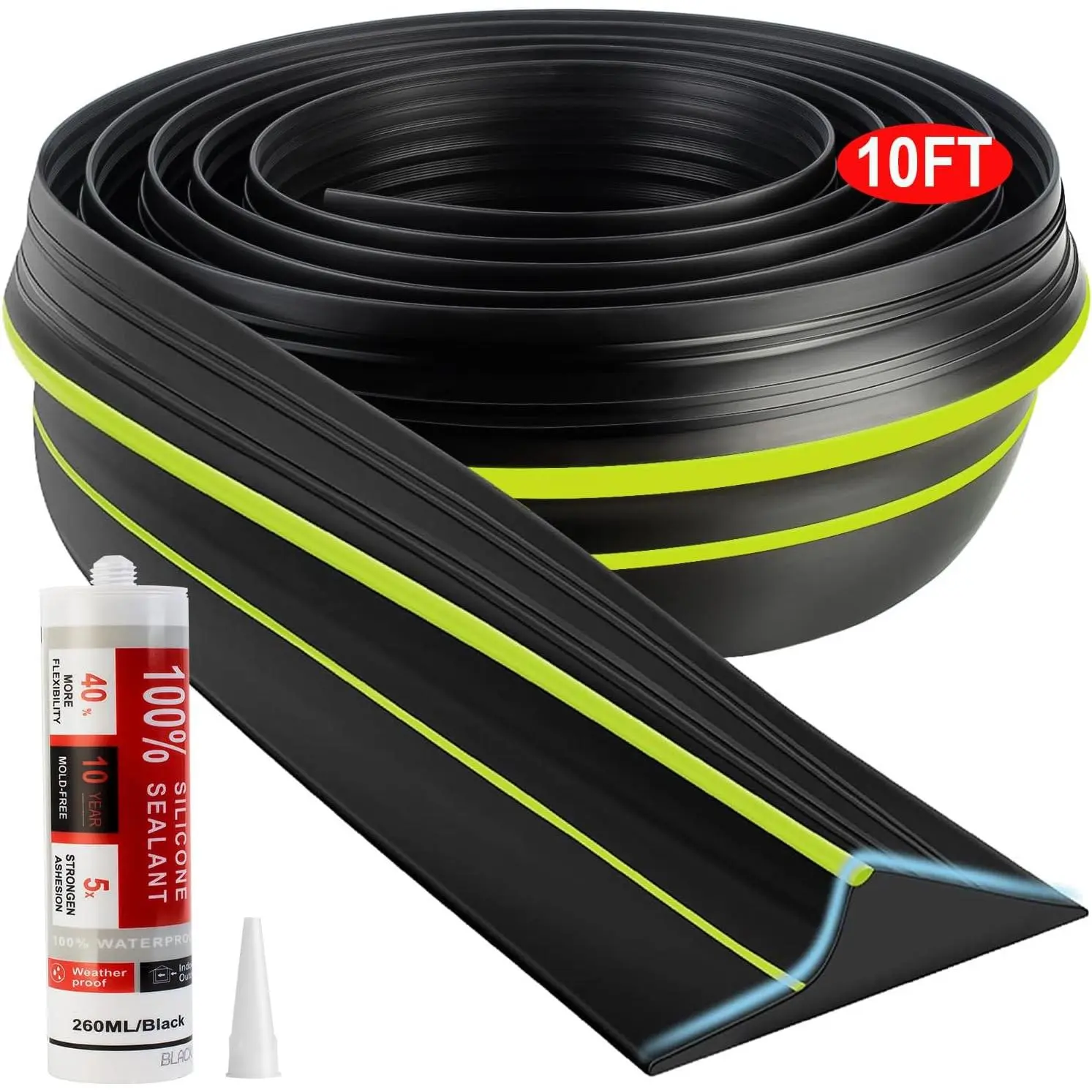 10FT Garage Door Threshold Seal Rubber Weather Strip 1 Adhesive | Waterproof garage bottom threshold seal, green anti-slip solid strip, extreme temperature resistant, easy DIY install