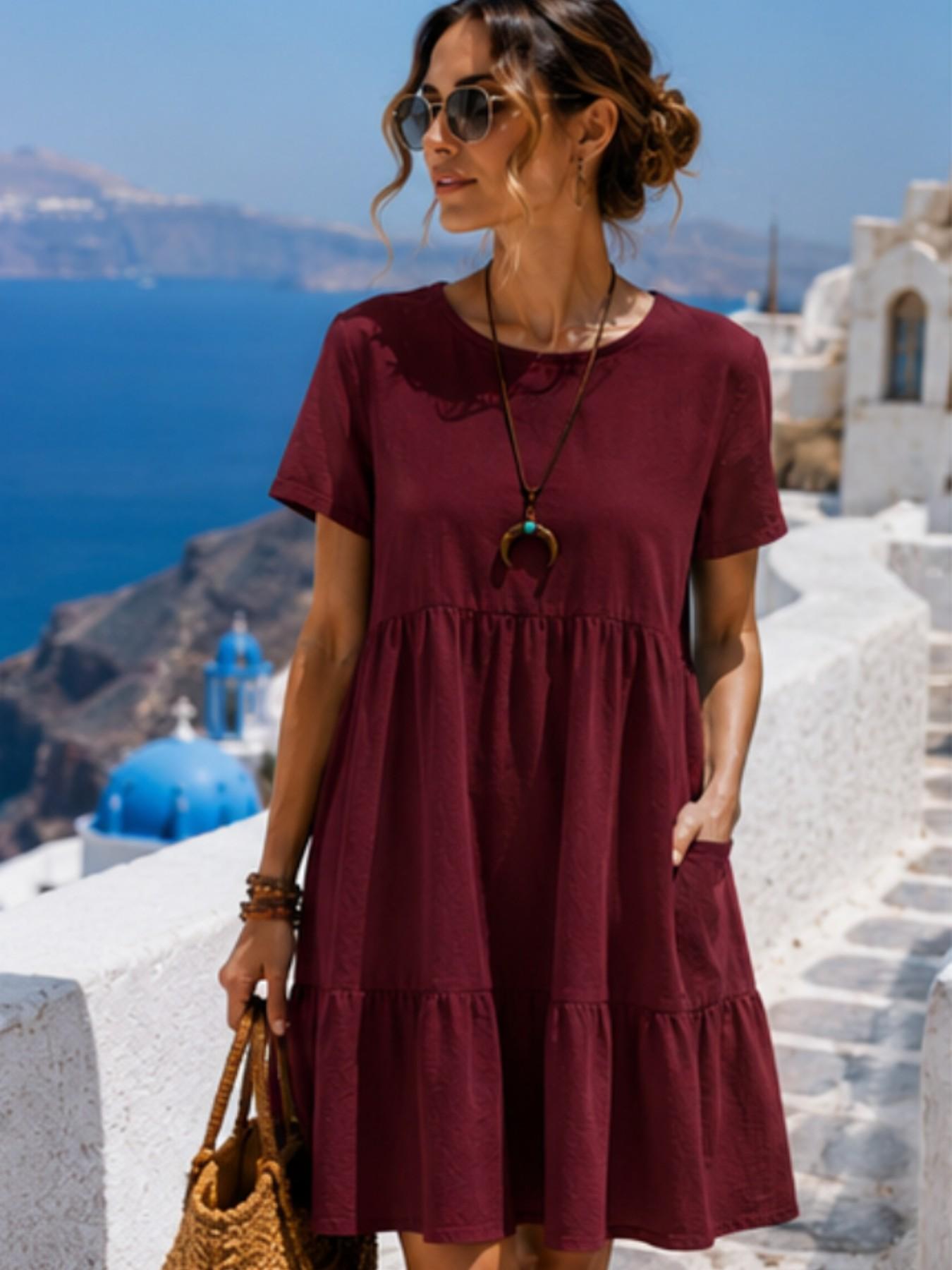 2026 Summer Cotton Linen Casual Womenswear Midi Dress, Breathable Loose Fit Short Sleeve, Round Neck Tiered Ruffle with Pockets, Comfy for Vacation & Daily Wear