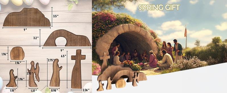 Wooden Easter Resurrection Scene Cross, Empty Tomb Easter Scene & Cross Decoration, Jesus Tomb Tray Set for Religious Home Office