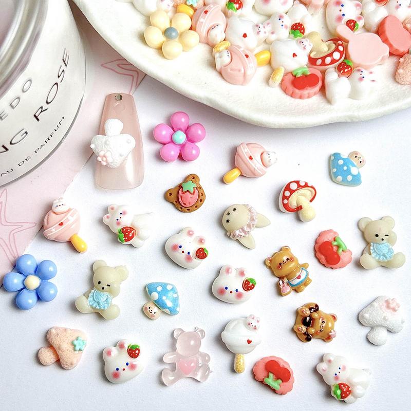 100PCS Cartoon Kawaii Resin Nail Charms 3D Creative Colorful Rabbit Bear Candy Mushroom Mixed Decorations DIY Hairpin Phone Cases Manicure Supplies