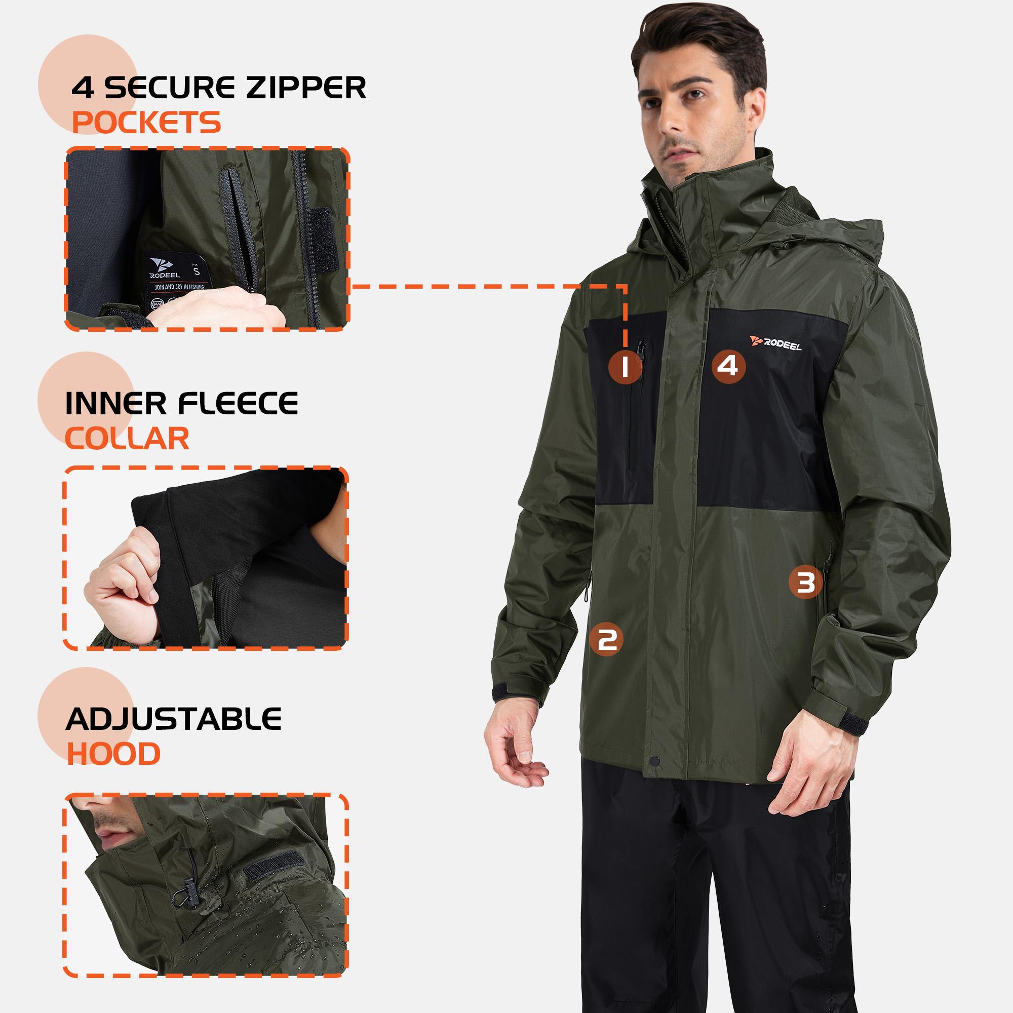 【RODEEL】702 Waterproof Jacket and Pants Set Men Lightweight Breathable Full Zip Hooded Rain Coat Durable Rain Suit Weatherproof Rainwear Windbreaker For Outdoor Sports Hiking Camping Fishing Boating Construction Landscaping Gardening, Holiday Gift
