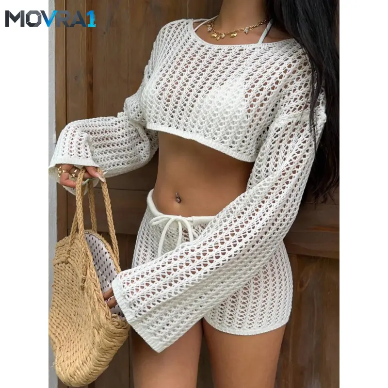 MOVRA1 Women's Vacation Style Two-Piece Knit Set, Hollow Out Design, Solid Color, Casual Jacket, Short Knit Top with Drawstring Shorts, Womenswear, Clothes