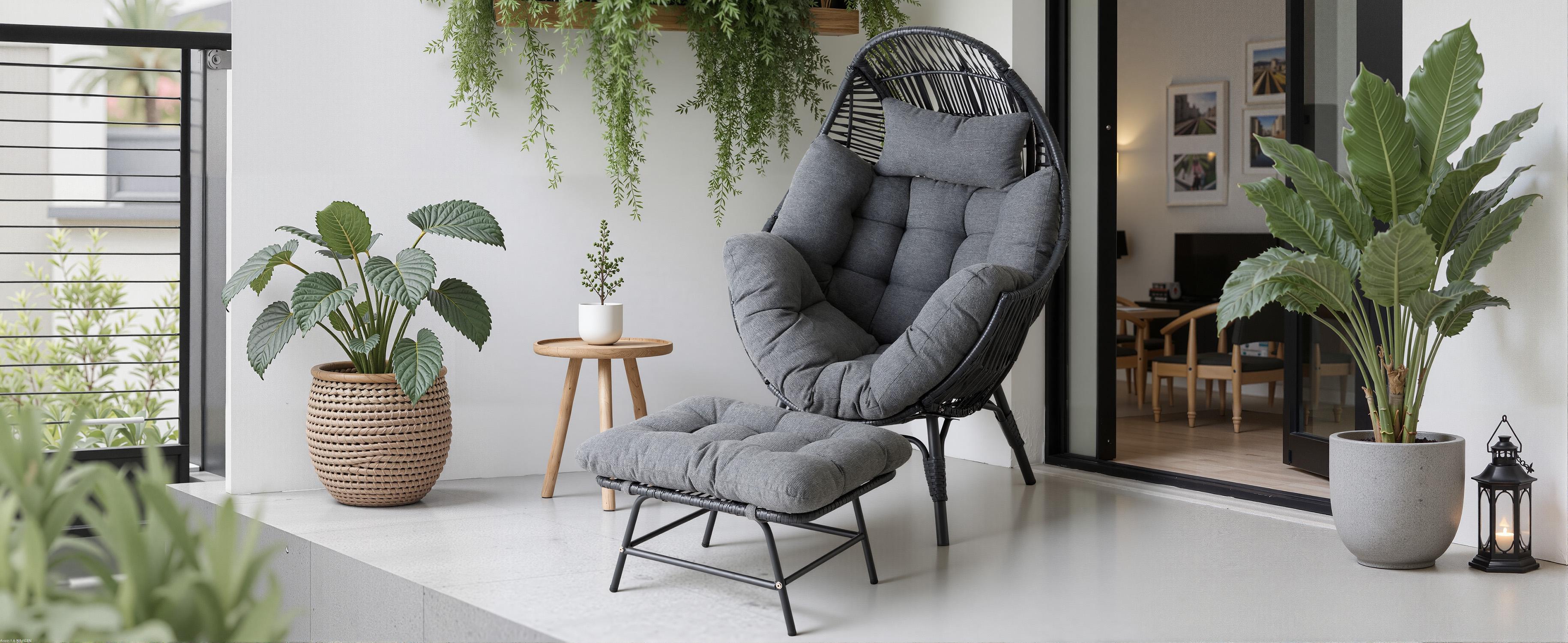 IRONCK Wicker Outdoor Egg Chair with Ottoman, Patio Lounge Chair with Footrest, Thickened Padded Cushion and Headrest, Egg Seat for Patio, Living Room, Garden, Balcony, Dark Gray