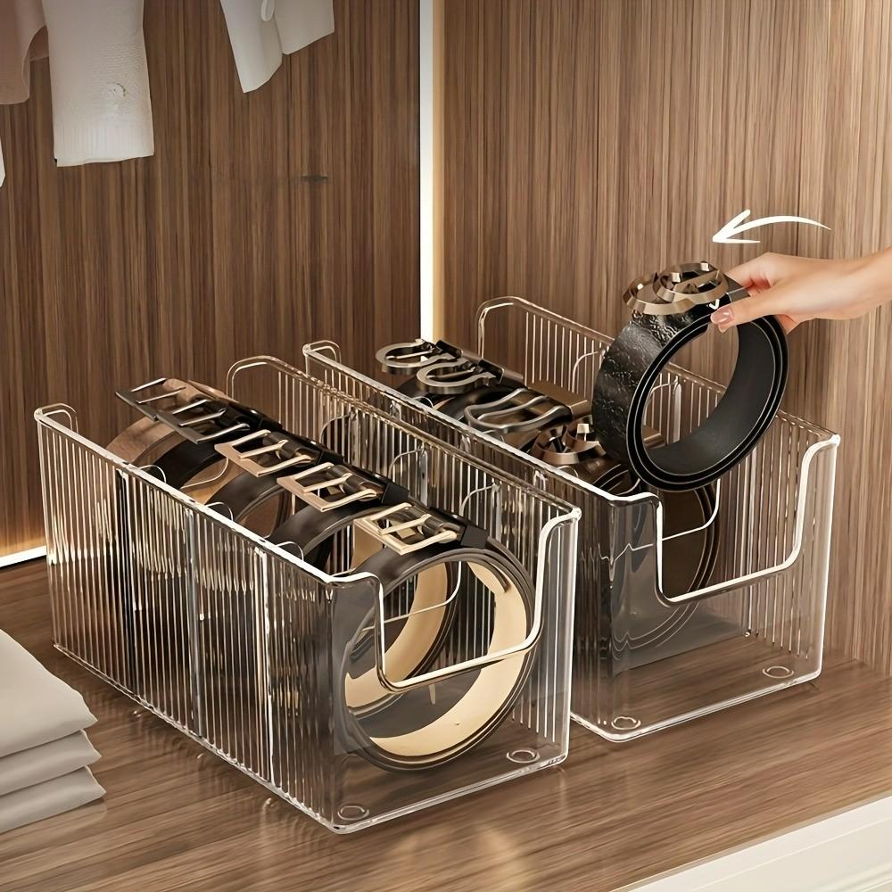 High Capacity Transparent Plastic Belt Organizer Box, 4 Compartments with Removable Dividers, Desktop Makeup Storage Shelf