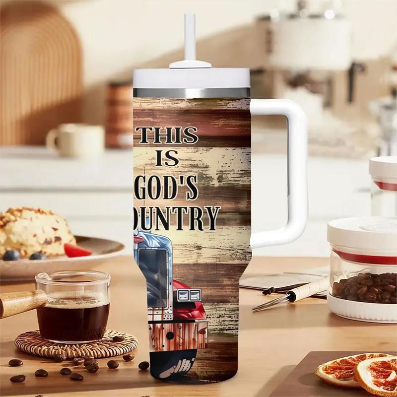 1pc 40oz American Truck Theme Insulated Cup with Handle, Stainless Steel Flag Cup, Straw Cup, Patriotic Gift for Truck Drivers