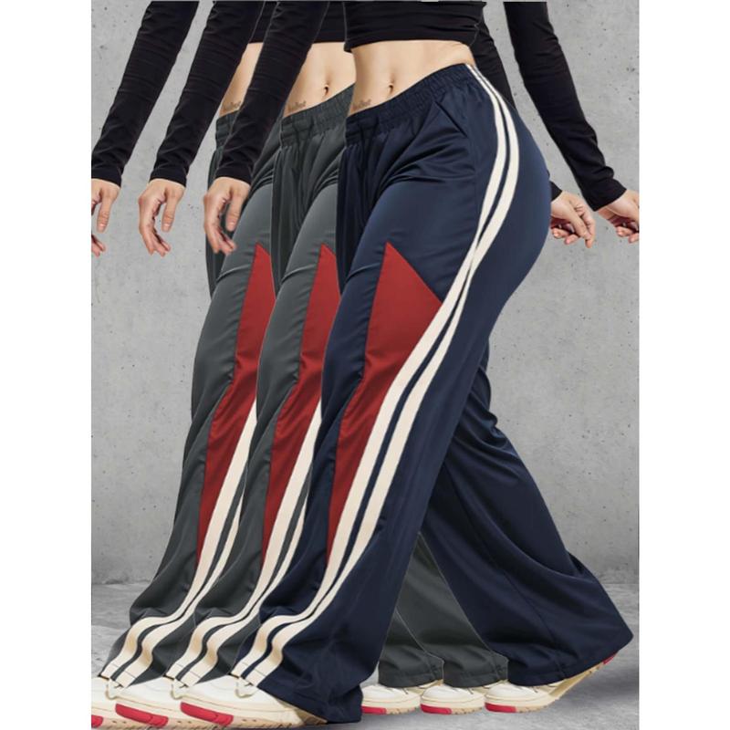 Women's 3-Piece Geometric Triangle Spliced Panels Wide Leg Sports Trousers - Adjustable Drawstring Waist, Lightweight Athleisure Fitness Bottoms, Practical Pockets, All-Season Wear for City Streets