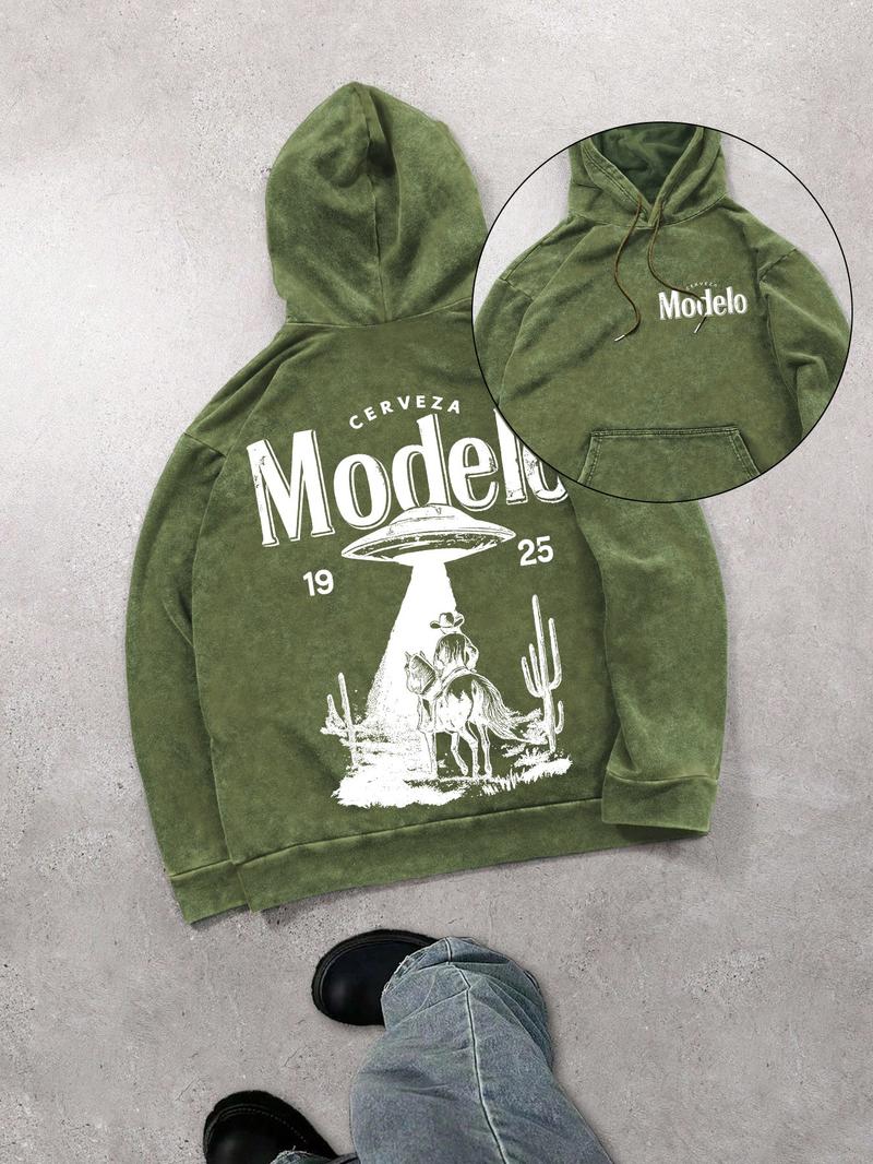 Mexican beer and UFO men's street retro style washed hooded sweatshirt, fashionable and trendy casual long-sleeved hoodie, men's spring and autumn style.