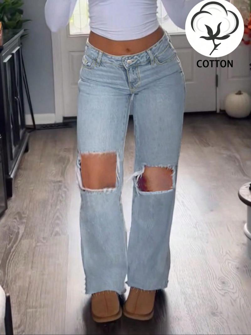 Women's Trendy Fashion Denim Ripped Design New Straight Leg Wide Leg Elastic Comfortable Elegant Long Pants, All Seasons