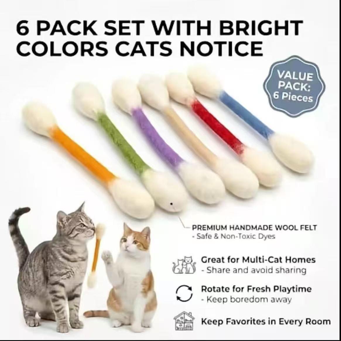 6-Pack Catnip Cotton Swab Shape Cat Toys, Handmade Wool Felting, Safe Non-Toxic, Interactive Chewing Toy for Cats, Dental Health Play