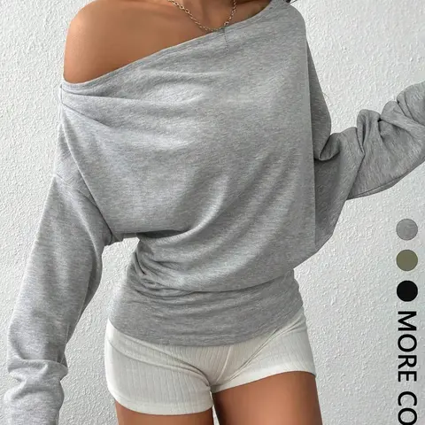 Women's Off Shoulder Long Sleeve Top for Night Out, Draped Neckline, Dolman Sleeves, Ruched Waist Detail, Oversized Silhouette Casual Style Daily Wear