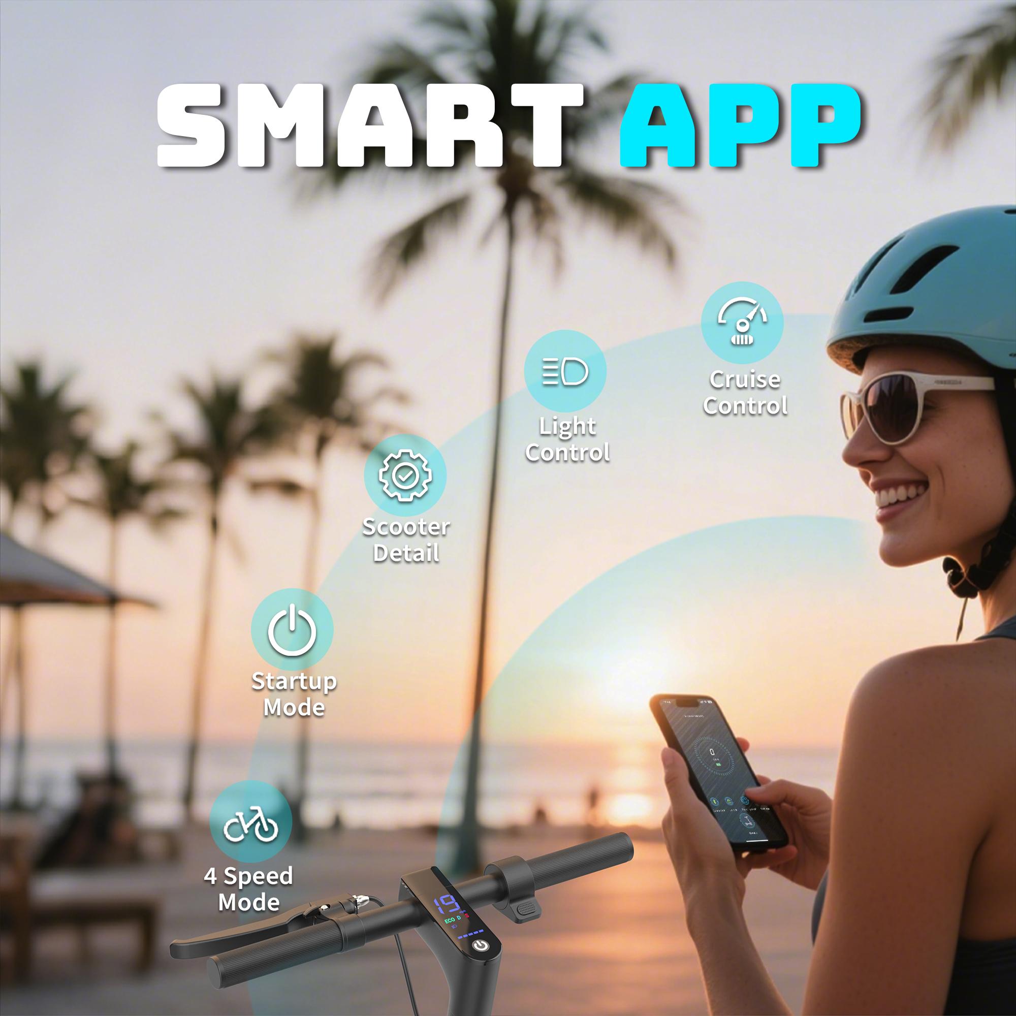 AOPO Electric Scooter with Seat, 350W motor, 36V battery, top speed 19mph. Foldable design with APP control, dual brakes, and dual suspension. Ideal for commuting, campus rides, and short city trips. SpringStatements