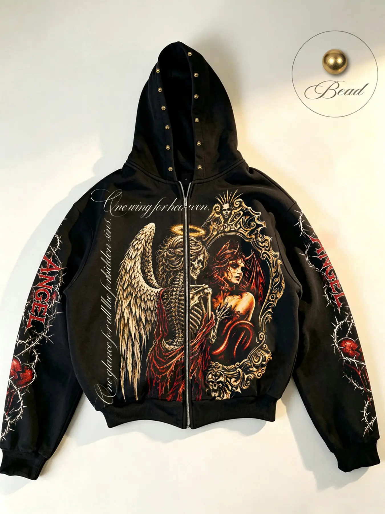 Dark Gothic-Style "Mirror Angel & Demon" Men’s Zip-Up Jacket – Featuring vintage-inspired skeletal angel and demon motifs, thorn-patterned lettering, and rivet detailing along the hood brim. A trendy, cropped, unisex streetwear cardigan jacket.