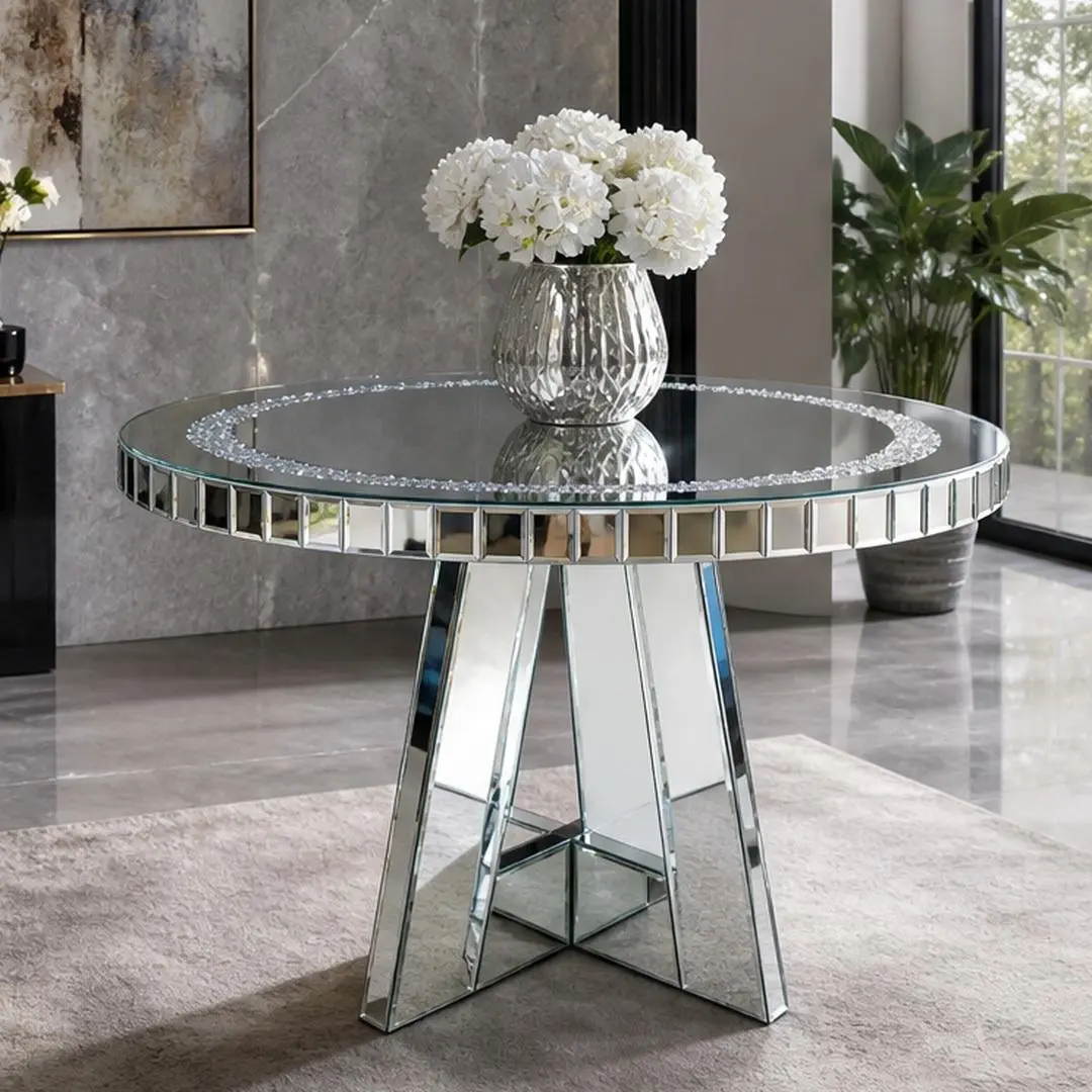 Modern Round Mirrored Glass Dining Table with Diamond Crystal Inlay and Mirrored Base, Silver, 39.4 Inch, Seats 4