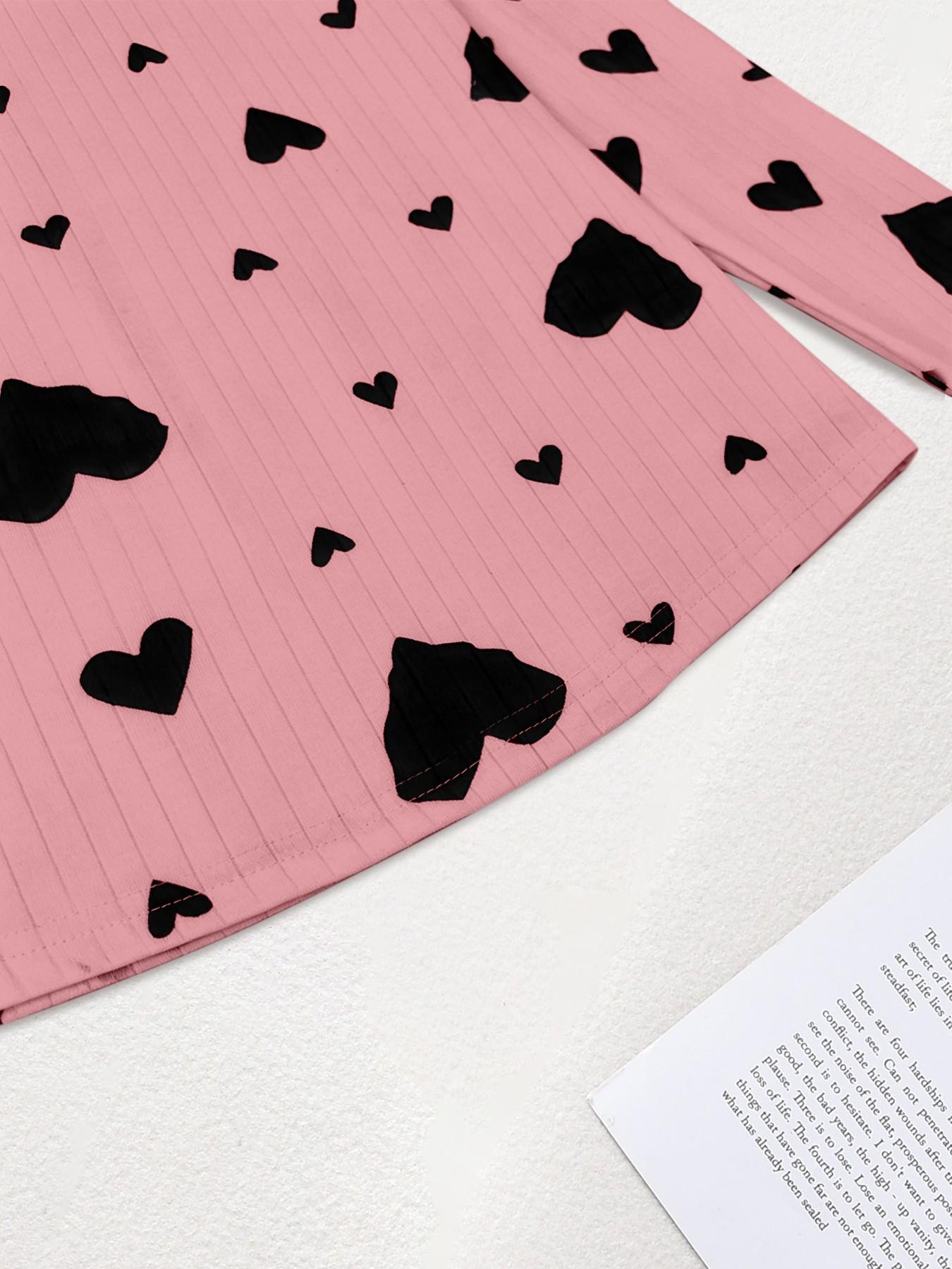 Women's Sleepwear Set, Casual Round Neck Long Sleeve Pants, Romantic Heart Print, Soft Elegant Comfortable, Wearable at Home