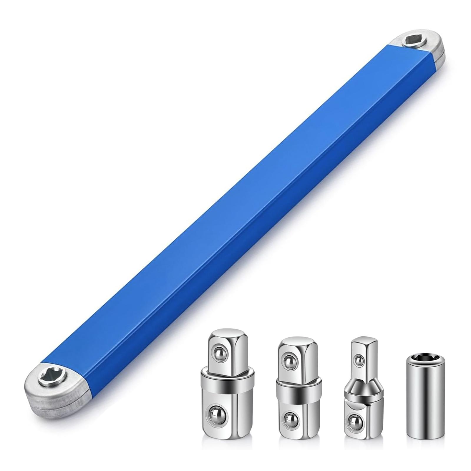 3/8 Inch Offset Extension Wrench,15 Inch Impact Ready Socket Wrench Extender Tool Set with 1/2", 1/4" and 3/8" Square Drive Adapters, Zero Degree Ratchet Tool for Car Blue, Multifunctional Wrench Set