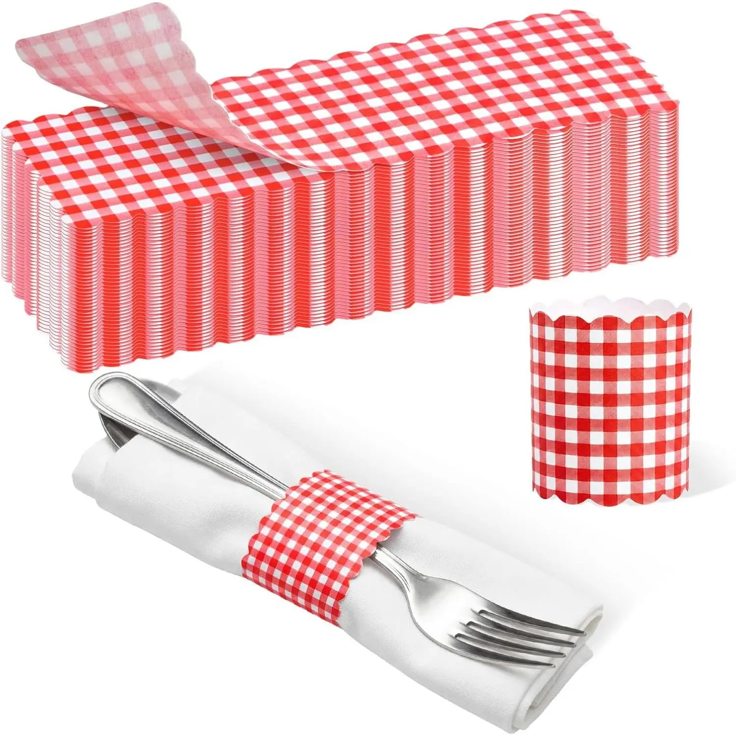 100 Pcs Red and White Gingham Self-Adhesive Silverware Wrap Bands