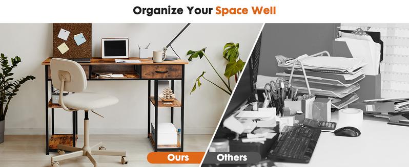 Computer Desk with 2/3 Drawers 32/48 Inch Small Home Office Bedroom Writing Study PC Tabke with Storage Space Fabric Side Bag Headphone Hook Metal Frame Adjustable Feet Modern Simple Style