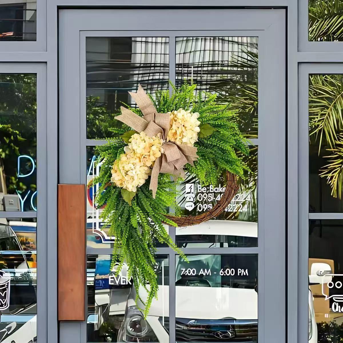 Rustic Hydrangea Wreath Hanging Decor, Bohemian Plastic Floral Door Hanger, Linen Bow and Leaves, Farmhouse Style, Holiday Decoration