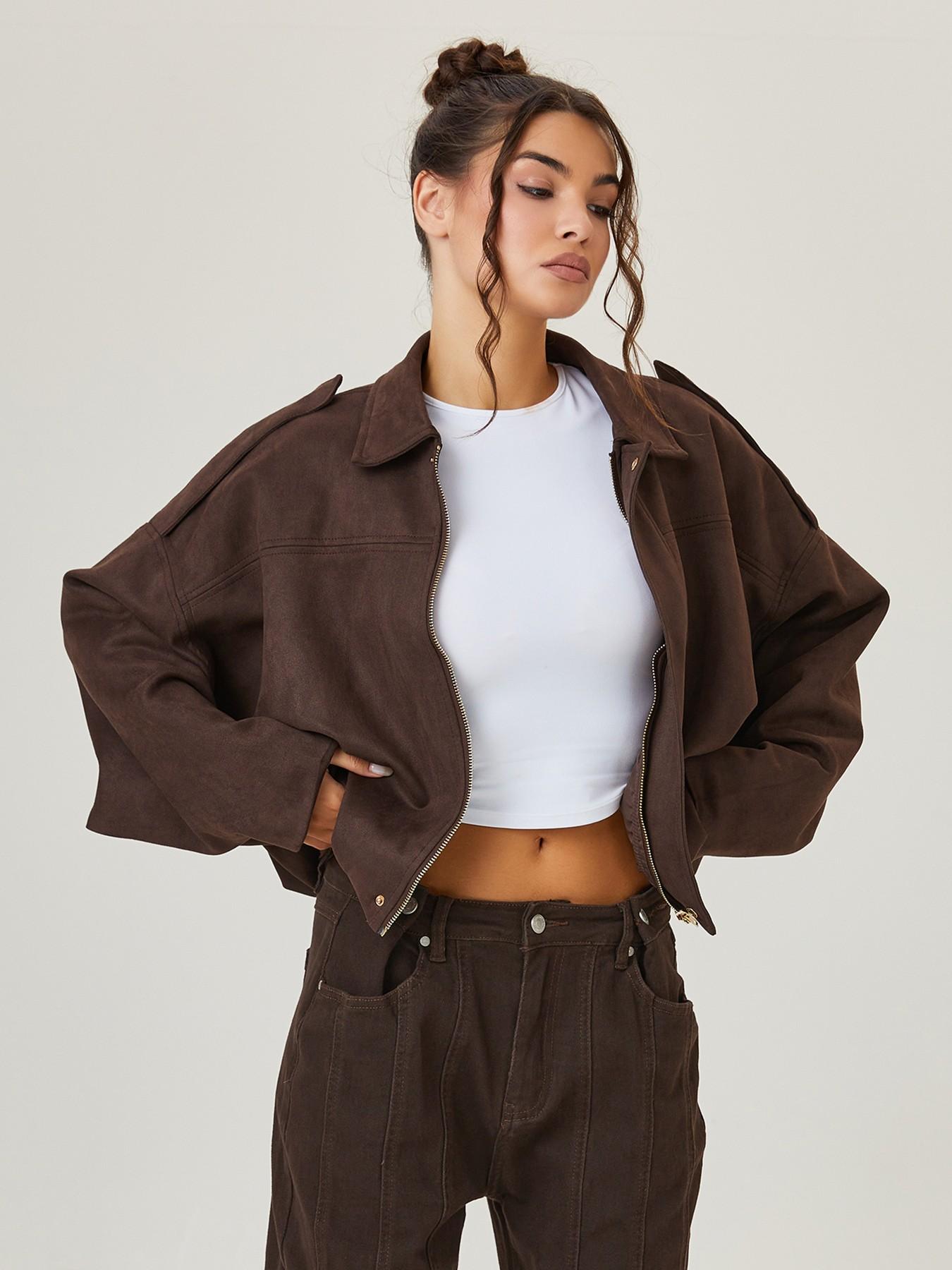 Women's Faux Suede Cropped Casual Jacket, Lapel Collar Loose Drop Shoulder Zip Up Casual Outerwear