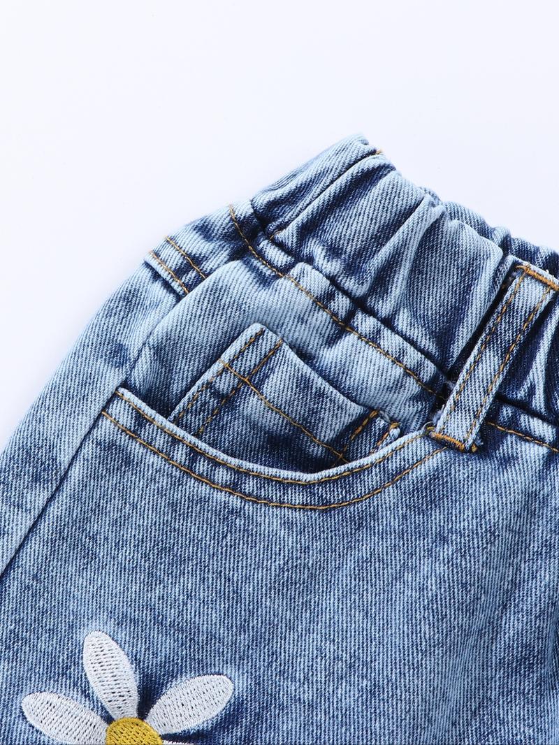 Vintage Light Blue Washed 3D Snowflake Jeans, Elegant Floral Embroidery Design, Perfect for Daily & Casual Wear, Fashionable Girls' Denim