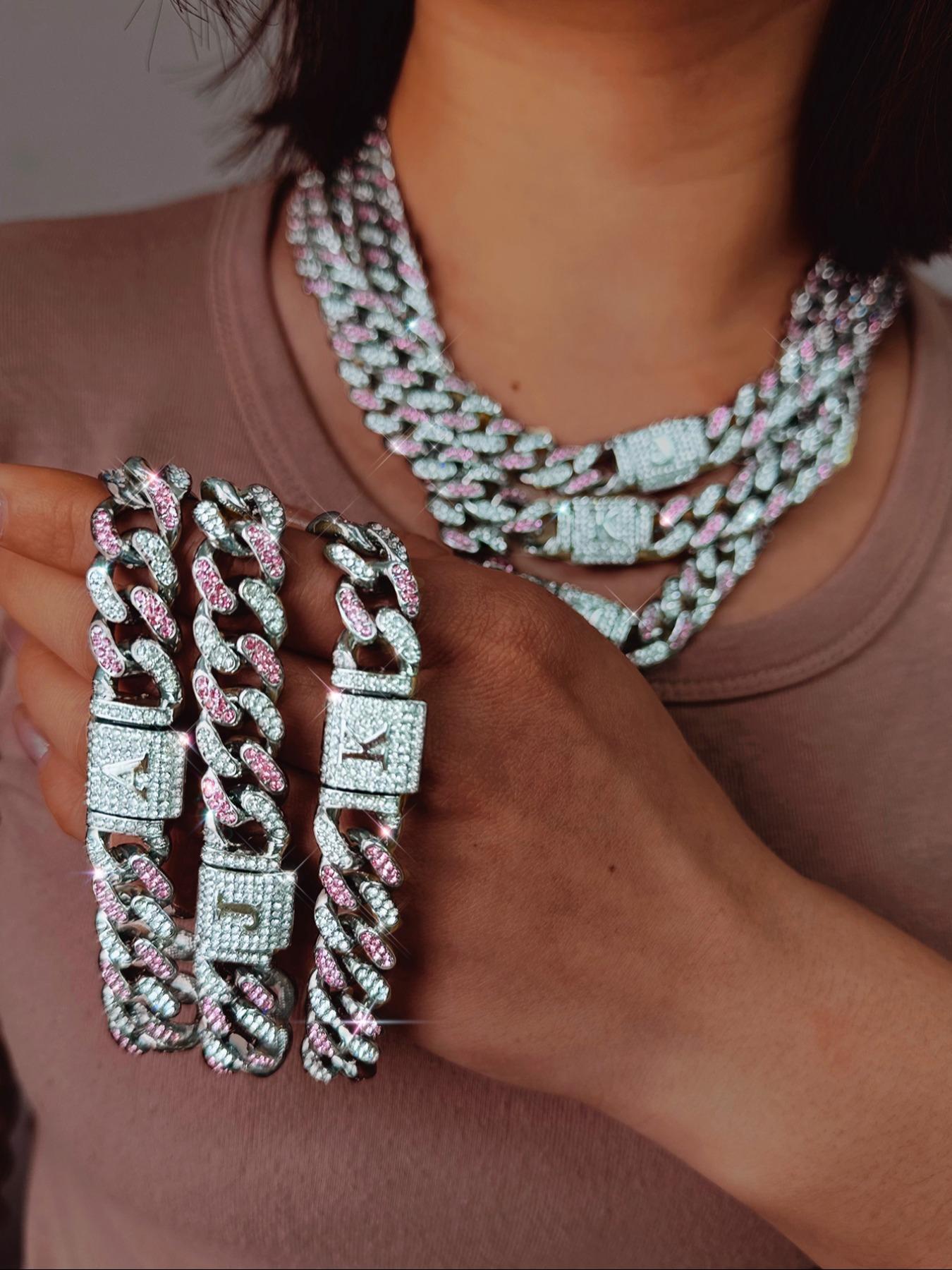 Unisex Street Style Letter Design Cuban Link Chain Bracelet & Necklace, Rhinestone Decorated Fashionable Jewelry Set, Fashion Accessories for Party, Daily Decor for Boy