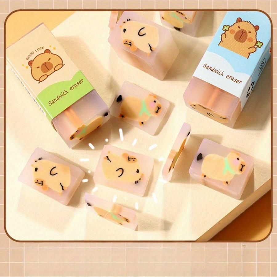 Random 12/36 pcs Cute Capybara Erasers - No-Crumb, Perfect for Office & School Supplies, Assorted Colors (Blue, Green, Yellow), School Supplies Essentials | Playful Design | Durable Erasers