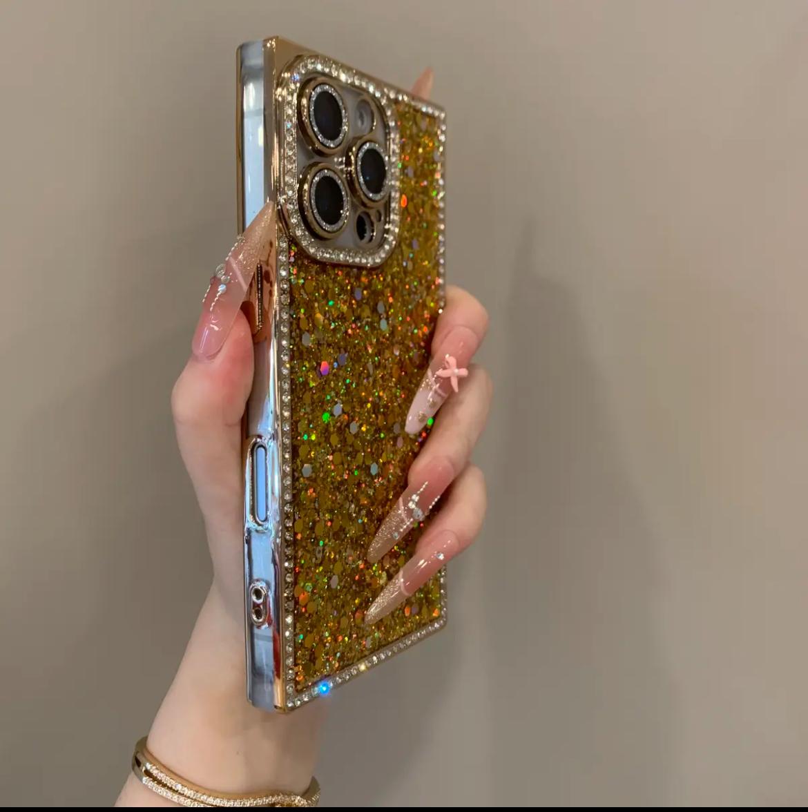 Electroplated Rhinestone Frame Sequin iP 16 Pro Phone Case Compatible with iP 15 14 13 Shockproof Protective Golden Customized Cover Casing