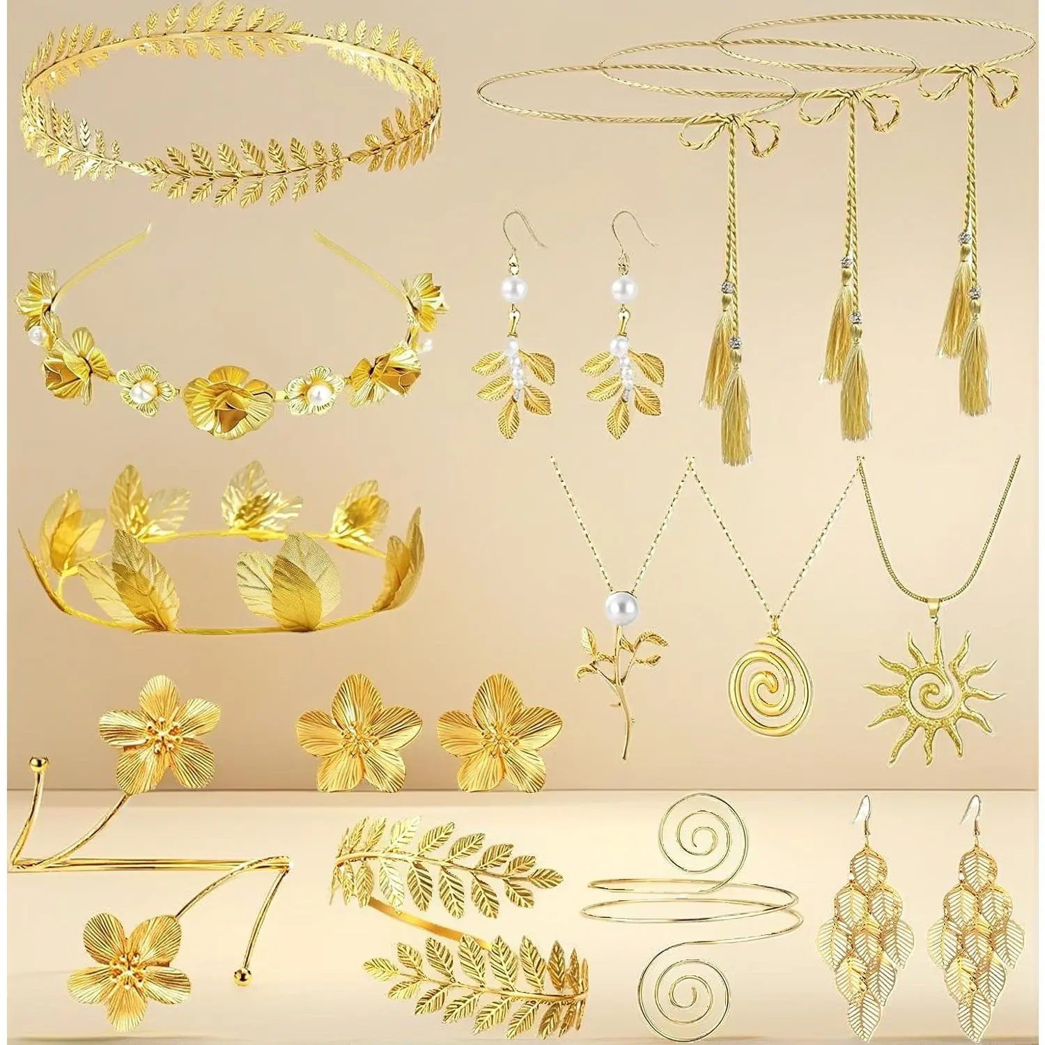 18Pcs Greek Goddess Costume Accessories Set – Gold Laurel Leaf Headband, Roman Crown, Earrings, Arm Cuff, Spiral Necklace & Belt for Toga Party, Halloween, Themed Events