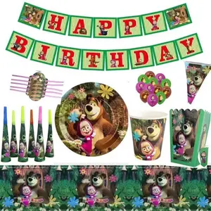 Masha and the Bear Birthday Party Decoration Girl Baby Shower Party Supplies Anime Cake Topper Balloons Hanging Flag Set Gifts
