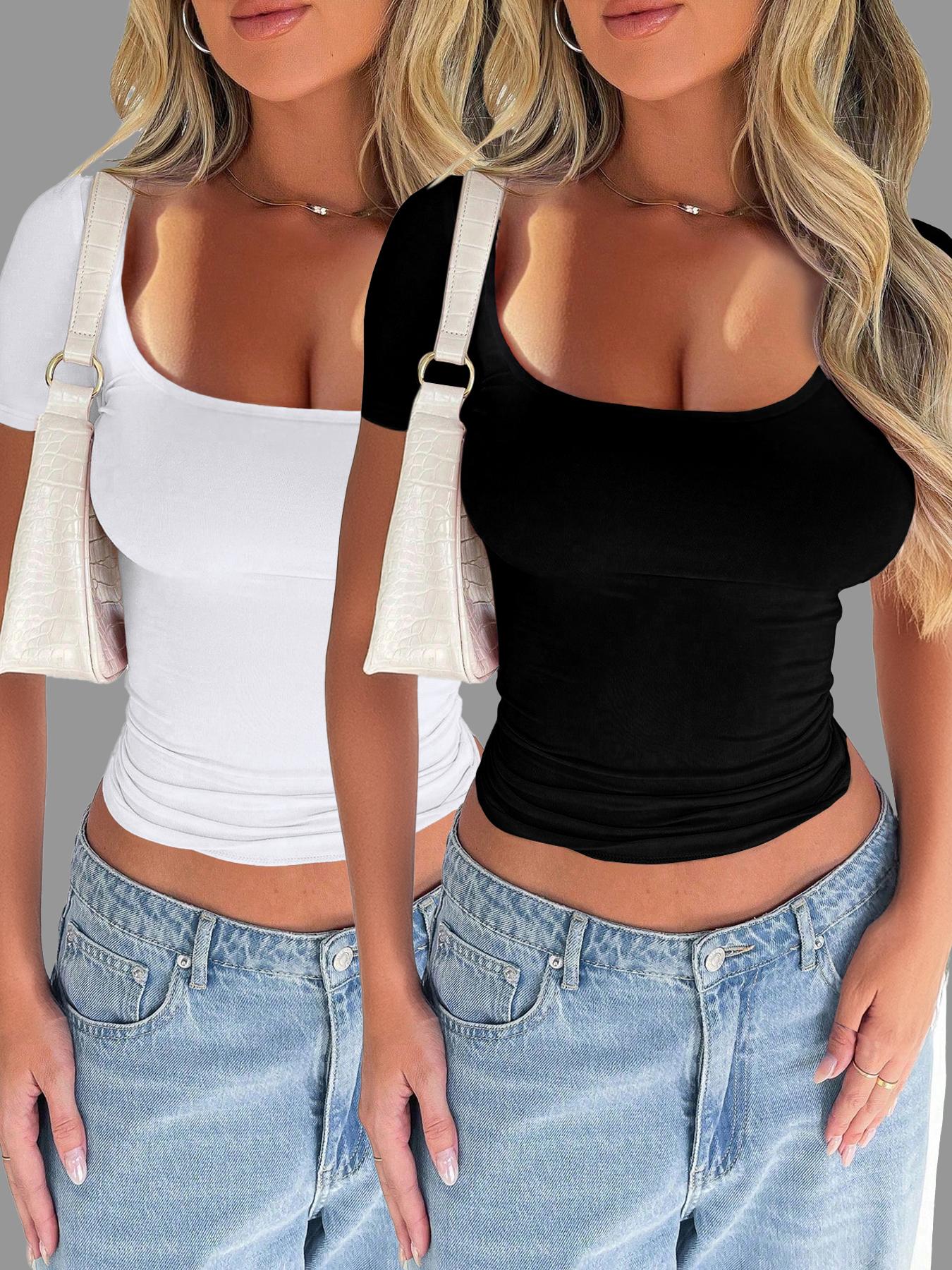 Pure Color Casual Slim Fit U Neck Short Sleeve T-Shirt, Summer Thin Fabric Kint Style Tee for Women, Comfortable Daily Wear