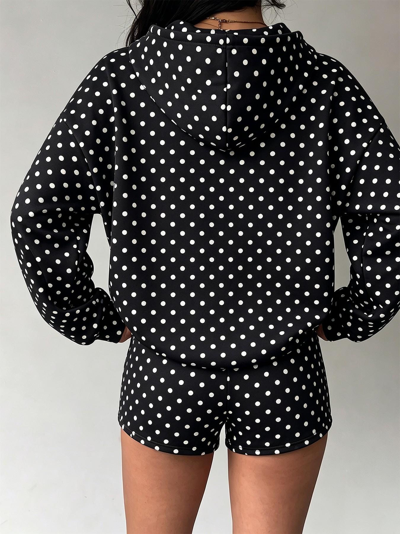 New autumn women's polka dot hoodie & shorts two-piece set, loose fit with drawstring design, casual home style, perfect for staying at home, walking, weekend outings, and travel outfits #PolkaDotStyle #LoungewearSet #CasualOOTD #HoodieSet