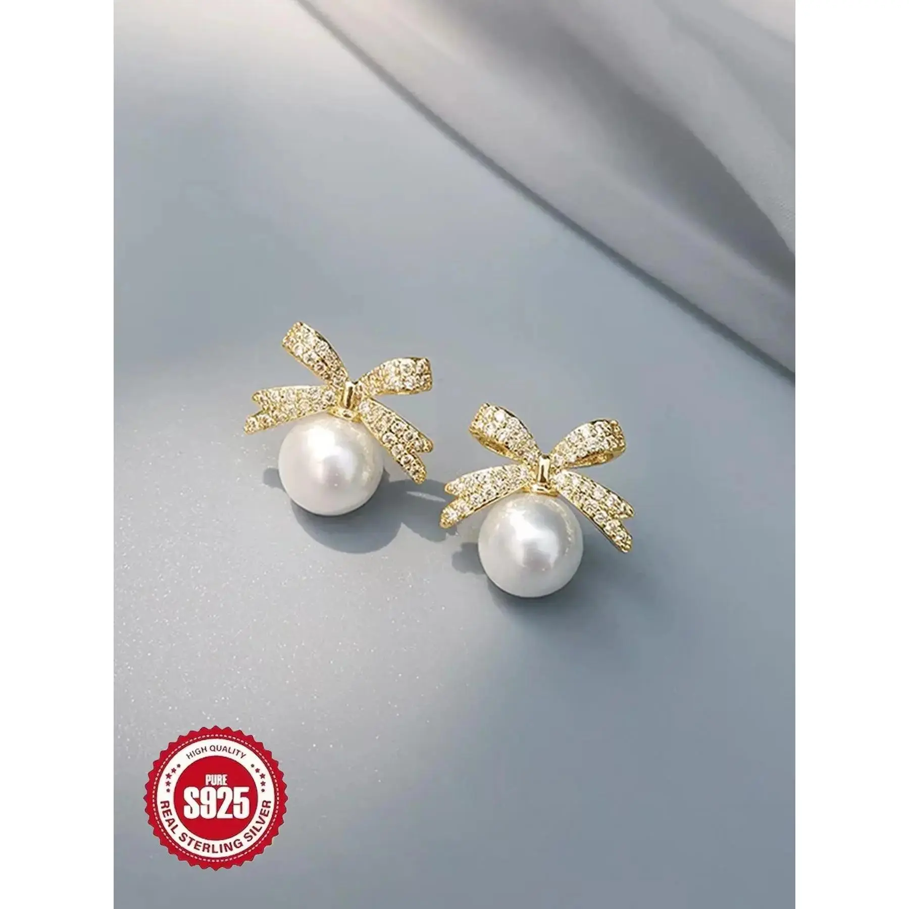 Silver Masked Pearls and Rhinestone Decorations Bow Design Screw Earrings, Women's Fashion Fine Jewelry for Birthdays