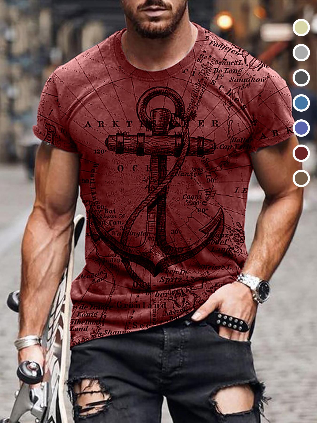 Men's Letter & Anchor Print Round Neck Tee, Summer Clothes Casual Regular Fit Short Sleeve T-Shirt for Summer, Mens Clothes for Daily Wear