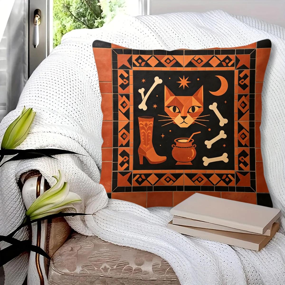 Spooky Halloween Ghost Throw Pillow, featuring bat, bare tree and crescent moon night print, soft durable decorative pillow perfect for sofa, couch, bedroom, living room halloween party decor, comes with pillow insert
