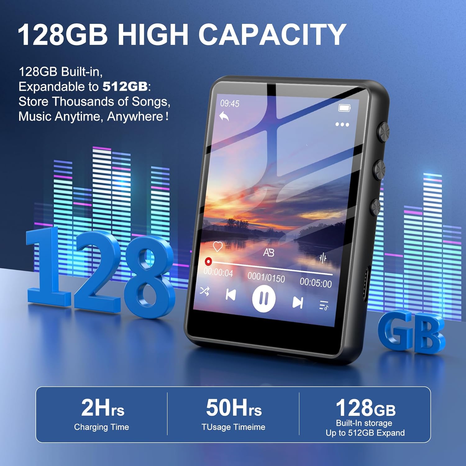128GB MP3 Player with  5.4, M4  Player with 2.4"  Screen, Portable HiFi Lossless Sound with FM Radio, E-Book, Voice Recording, for Travel, Gym, Hiking,  Running- Black