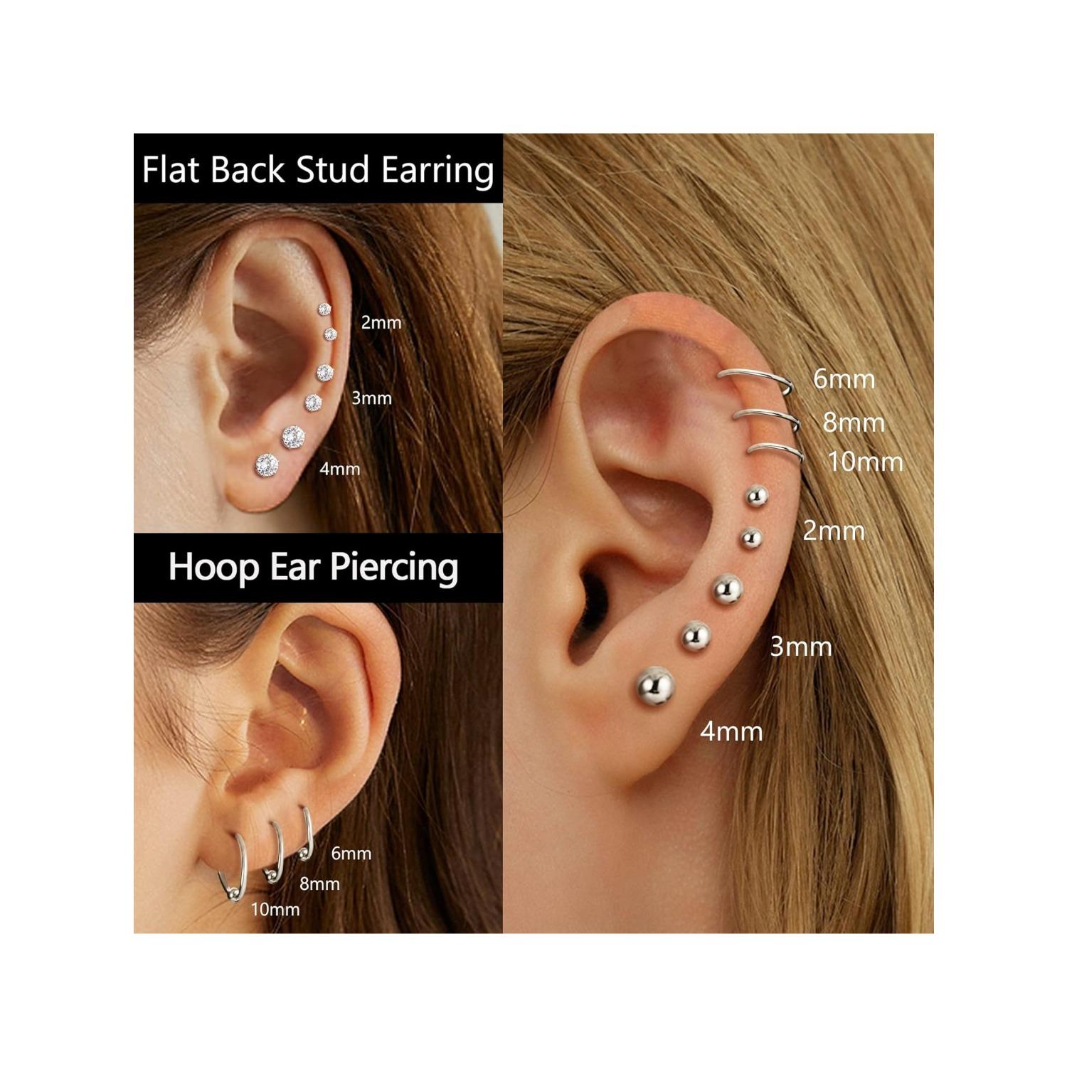 12Pairs Surgical Steel Tiny Stud Earrings for Women Hypoallergenic Flat Back Cartilage Earrings Cubic Zirconia Tiny Ball Earrings Hoops Conch Helix Cartilage Piercing Jewelry