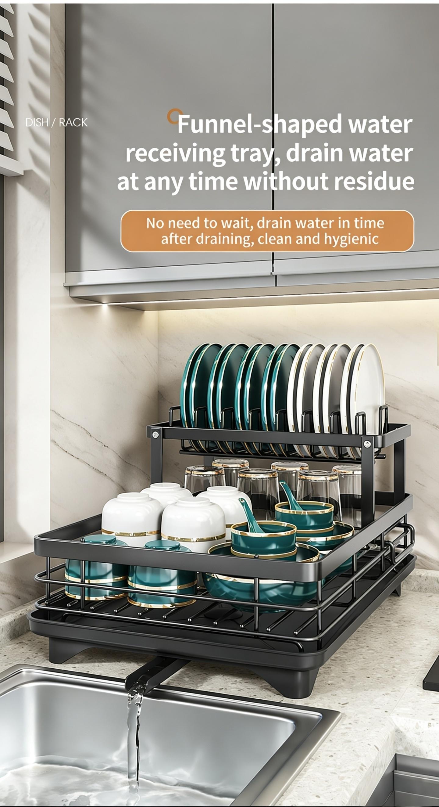 Two-Tier Large Metal Dish Rack for Kitchen Countertops, Space-Saving & Durable Design, Includes Slots for Knives Forks Cup Holders