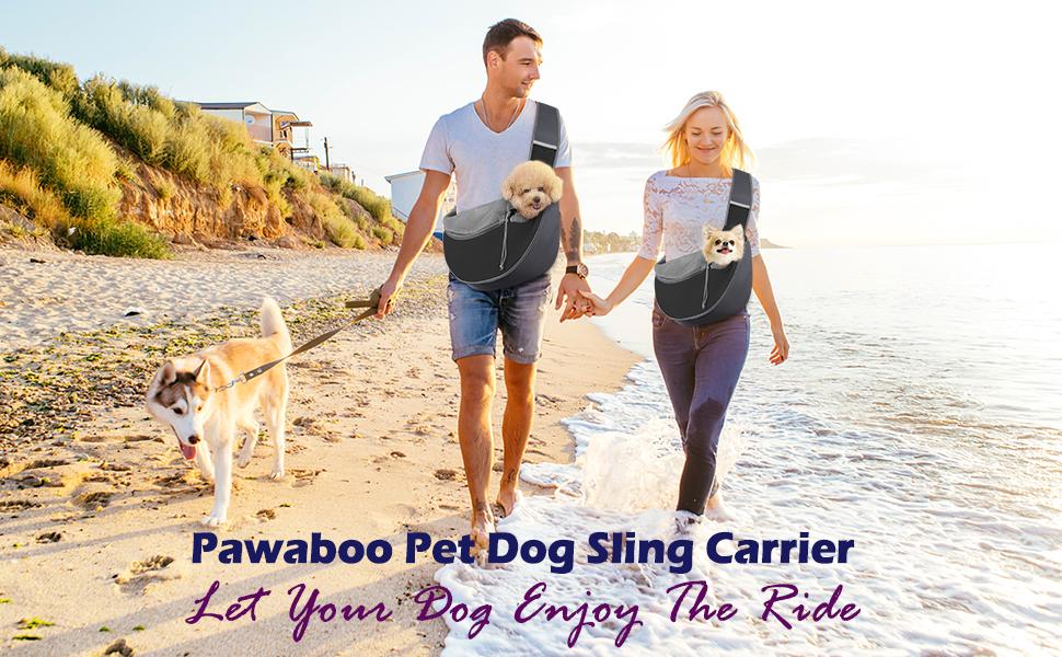 Pawaboo Pet Dog Sling Carrier, Hand Free Drawstring Dog Papoose with Adjustable Strap, Breathable Mesh Bag for Puppy Cat, Crossbody Satchel Dog Purse with Pocket for Outdoor, Dark Gray+Black