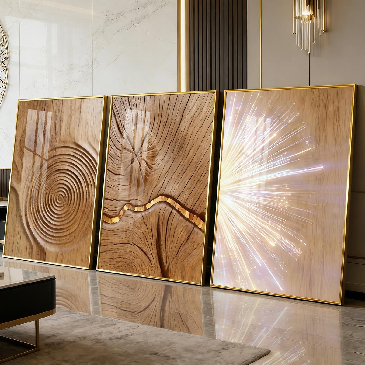 3 Counts Aluminum Alloy Framed Painting, Abstract Wood Texture And Light Burst Pictures, Home Decoration For Living Room, Bedroom, Office, Restaurant, Hallway Wall Decor, Odorless Print Artwork, Luxury Perfect Gift For Friends And Family