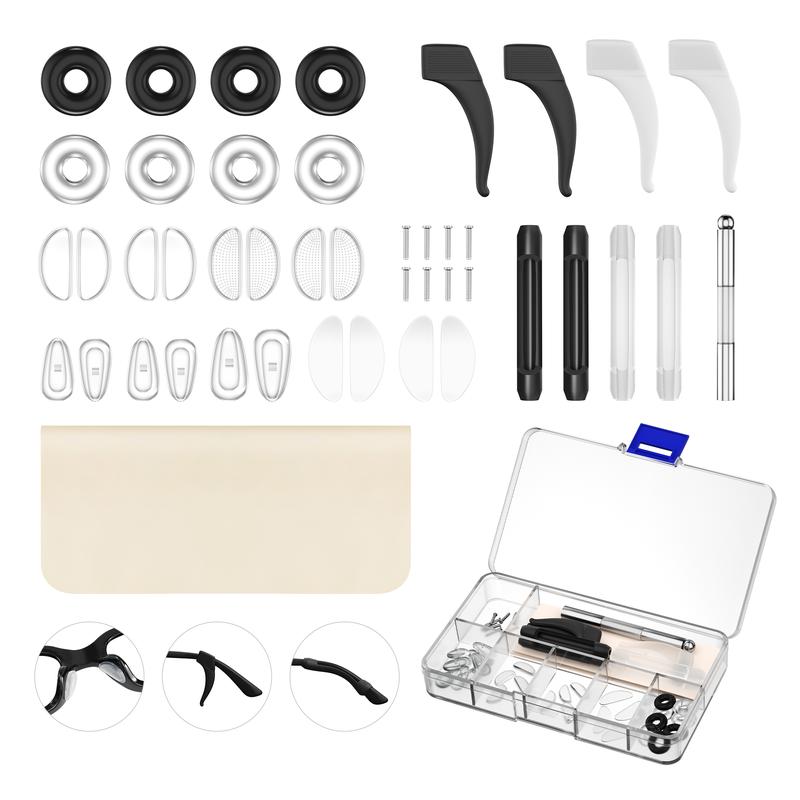 45 Pcs Eyeglasses Anti-Slip Retainer Kits, Includes 6 Air Cushion Nose Pads (Screw-Type) + 12 Anti-Slip Adhesive Nose Pads + 8 Round Ear Grips + 4 Silicone Ear Hook Holders + 4 Temple Tip Sleeves + 1 Cleaning Cloth   Reading Glasses Holder