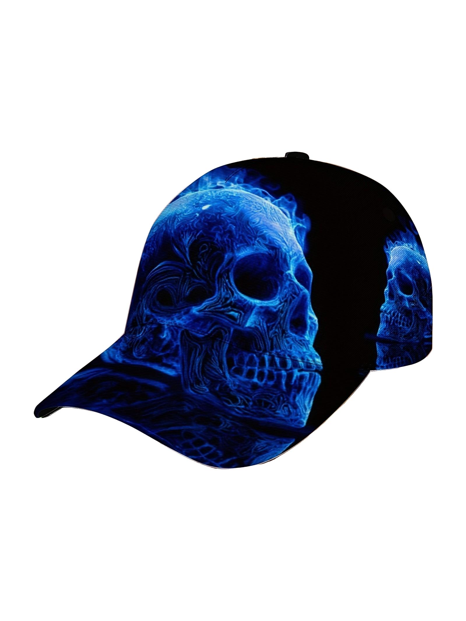 Adjustable Baseball Cap, Blue Flame Skull Print, Lightweight Polyester, Foldable Breathable, Unisex Casual Hat