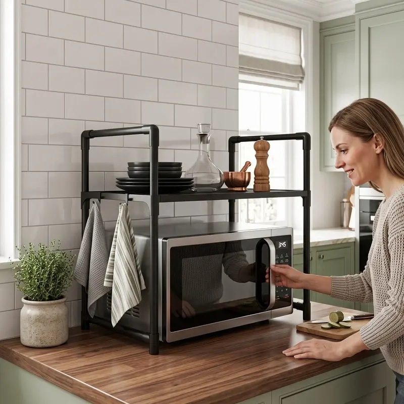 1PCS Heavy Duty Stainless Steel Microwave Shelf With 4 Hooks And Shelves Space Saving Multifunctional Countertop Storage Rack Sturdy Single Layer Shelf For Coffee Maker Toaster Air Fryer Also Suitable